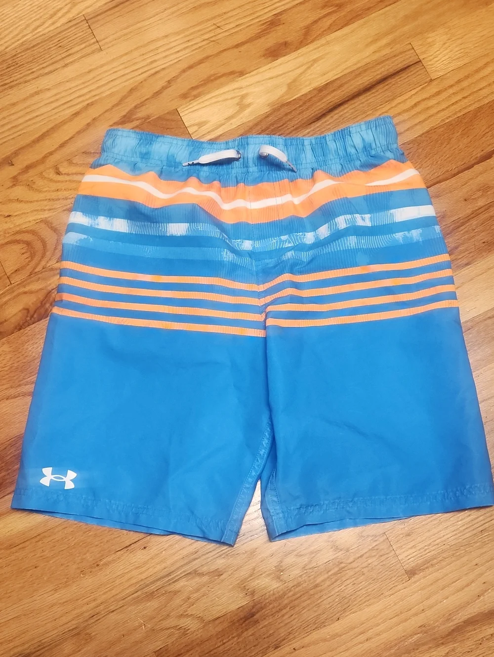 Under Armour Boys' Blue & Orange Stripe Swim Shorts, YXL, EUC